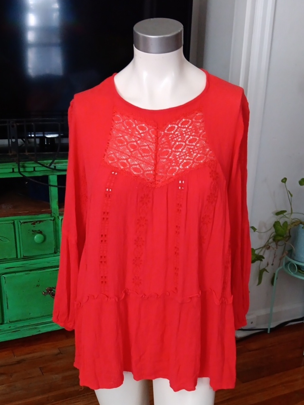 Adiva Red Orange Long-Sleeve Crochet Yoke Tunic